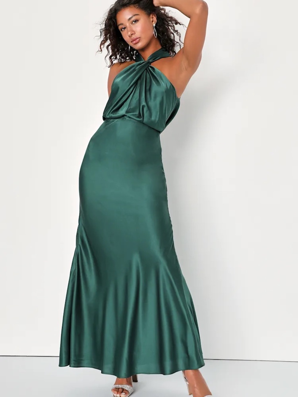 Lulus At the Halter Hunter Green Satin Halter Twist-Front Maxi Dress